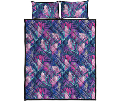 Teal And Pink Tropical Floral Print Quilt Bed Set