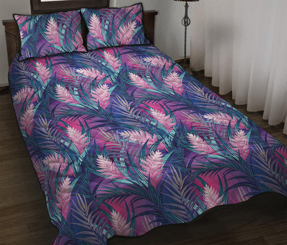 Teal And Pink Tropical Floral Print Quilt Bed Set
