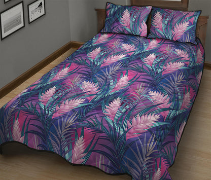 Teal And Pink Tropical Floral Print Quilt Bed Set