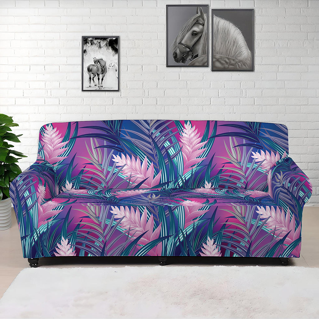 Teal And Pink Tropical Floral Print Sofa Cover