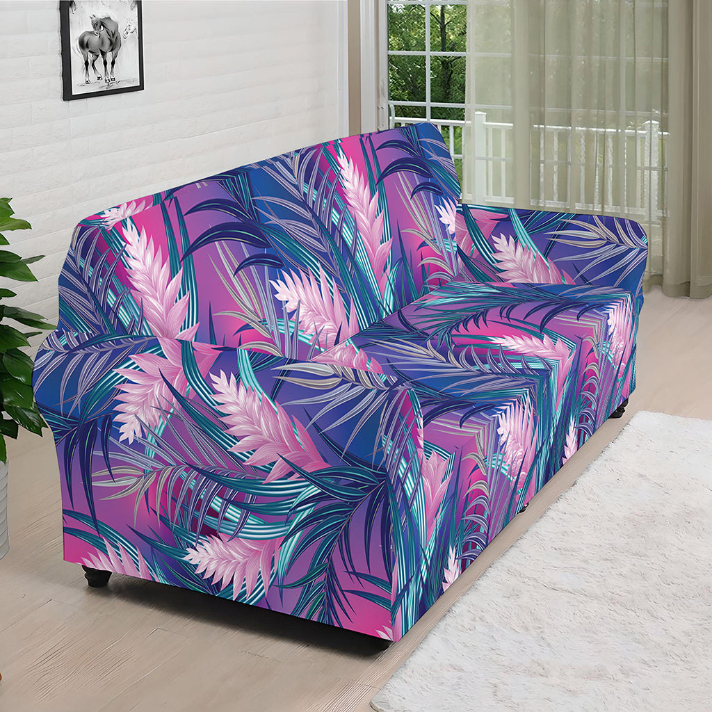 Teal And Pink Tropical Floral Print Sofa Cover
