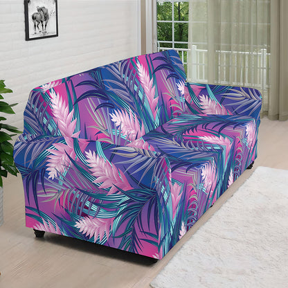 Teal And Pink Tropical Floral Print Sofa Cover