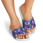 Teal And Pink Tropical Floral Print White Slide Sandals