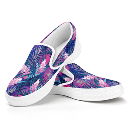 Teal And Pink Tropical Floral Print White Slip On Shoes