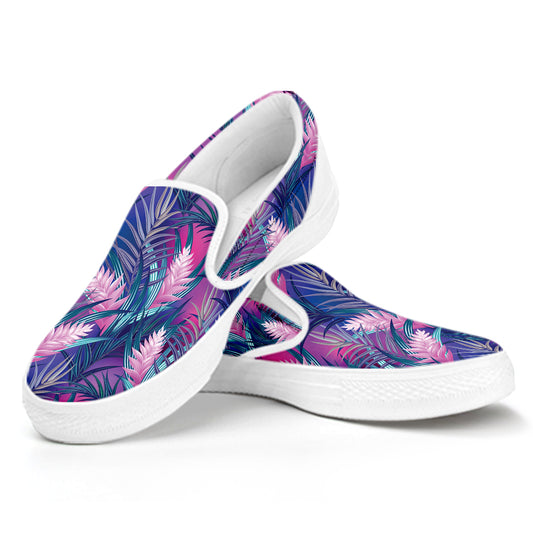 Teal And Pink Tropical Floral Print White Slip On Shoes