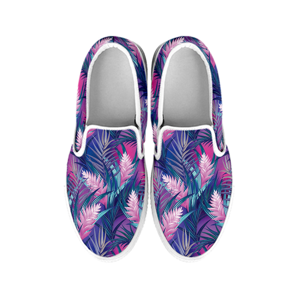 Teal And Pink Tropical Floral Print White Slip On Shoes