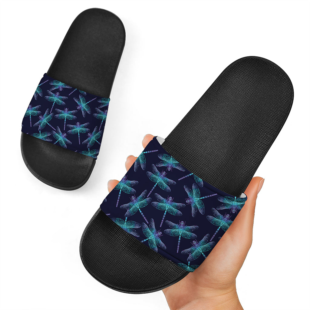 Teal And Purple Dragonfly Pattern Print Black Slide Sandals