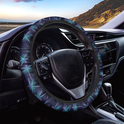 Teal And Purple Dragonfly Pattern Print Car Steering Wheel Cover
