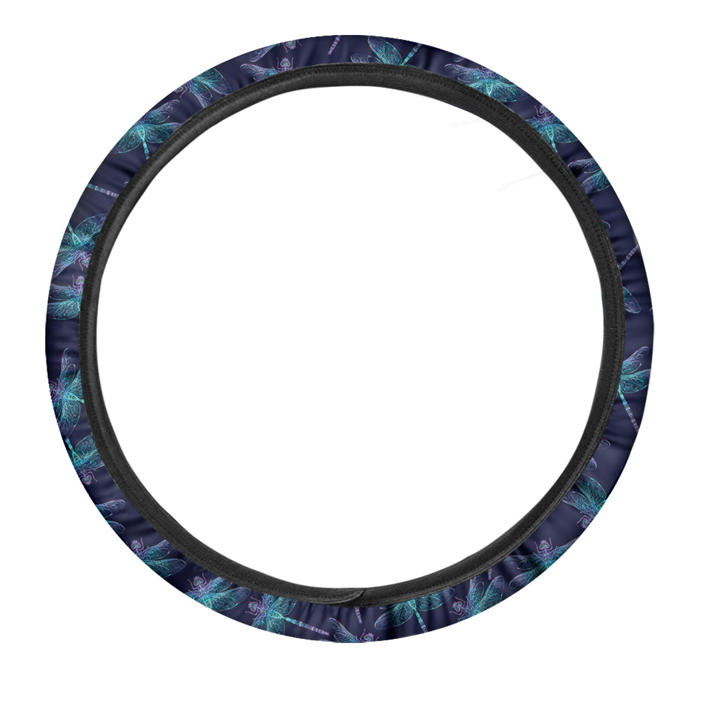 Teal And Purple Dragonfly Pattern Print Car Steering Wheel Cover
