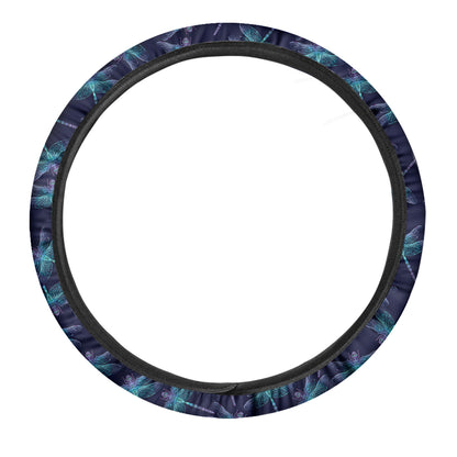 Teal And Purple Dragonfly Pattern Print Car Steering Wheel Cover