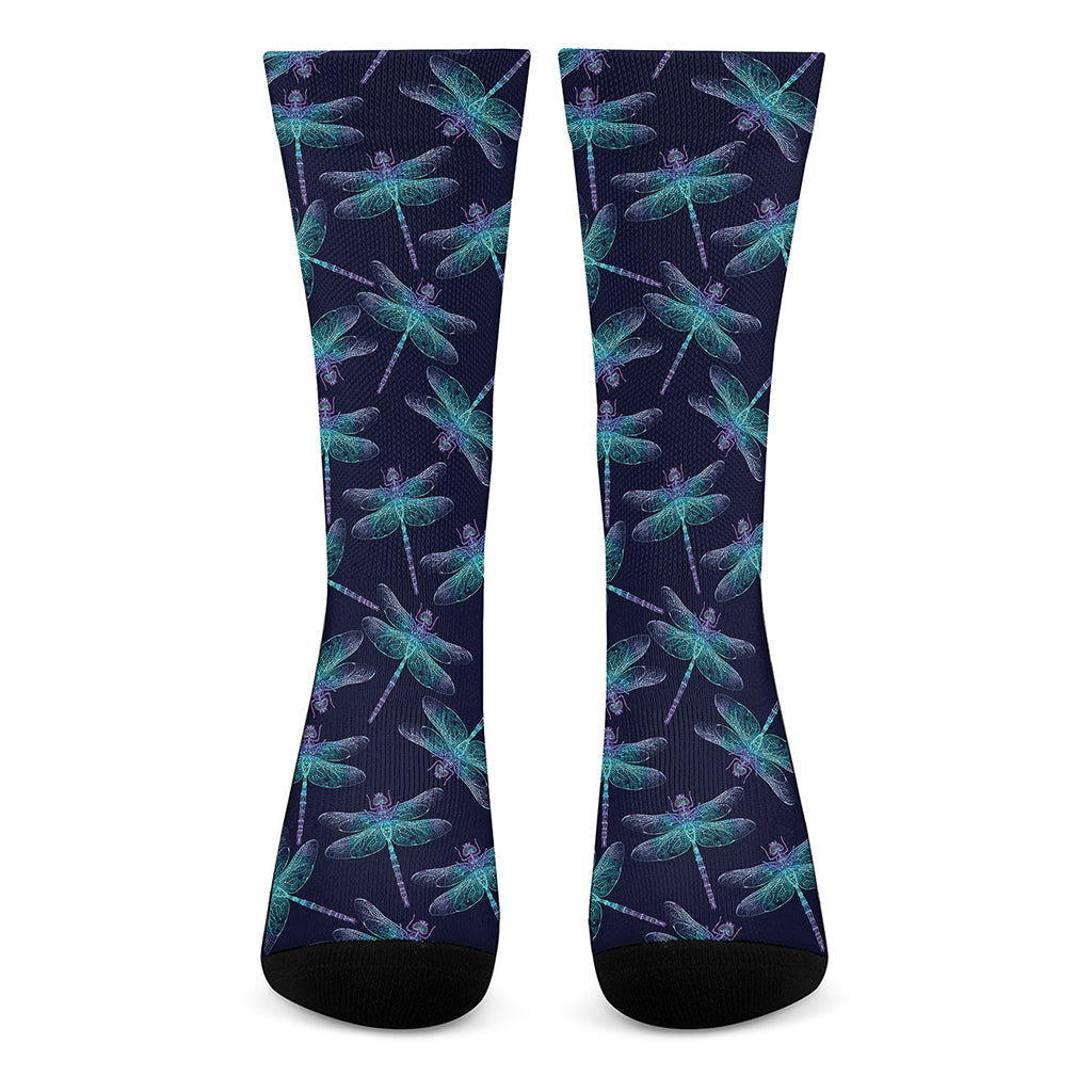 Teal And Purple Dragonfly Pattern Print Crew Socks