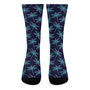 Teal And Purple Dragonfly Pattern Print Crew Socks