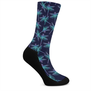 Teal And Purple Dragonfly Pattern Print Crew Socks