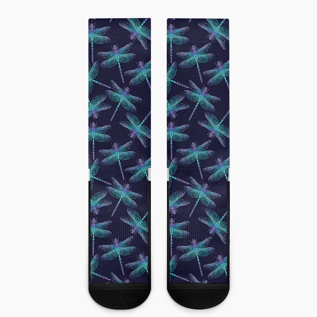 Teal And Purple Dragonfly Pattern Print Crew Socks