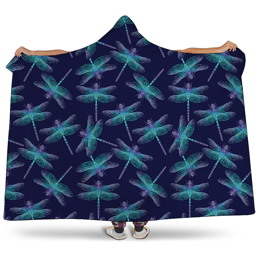 Teal And Purple Dragonfly Pattern Print Hooded Blanket