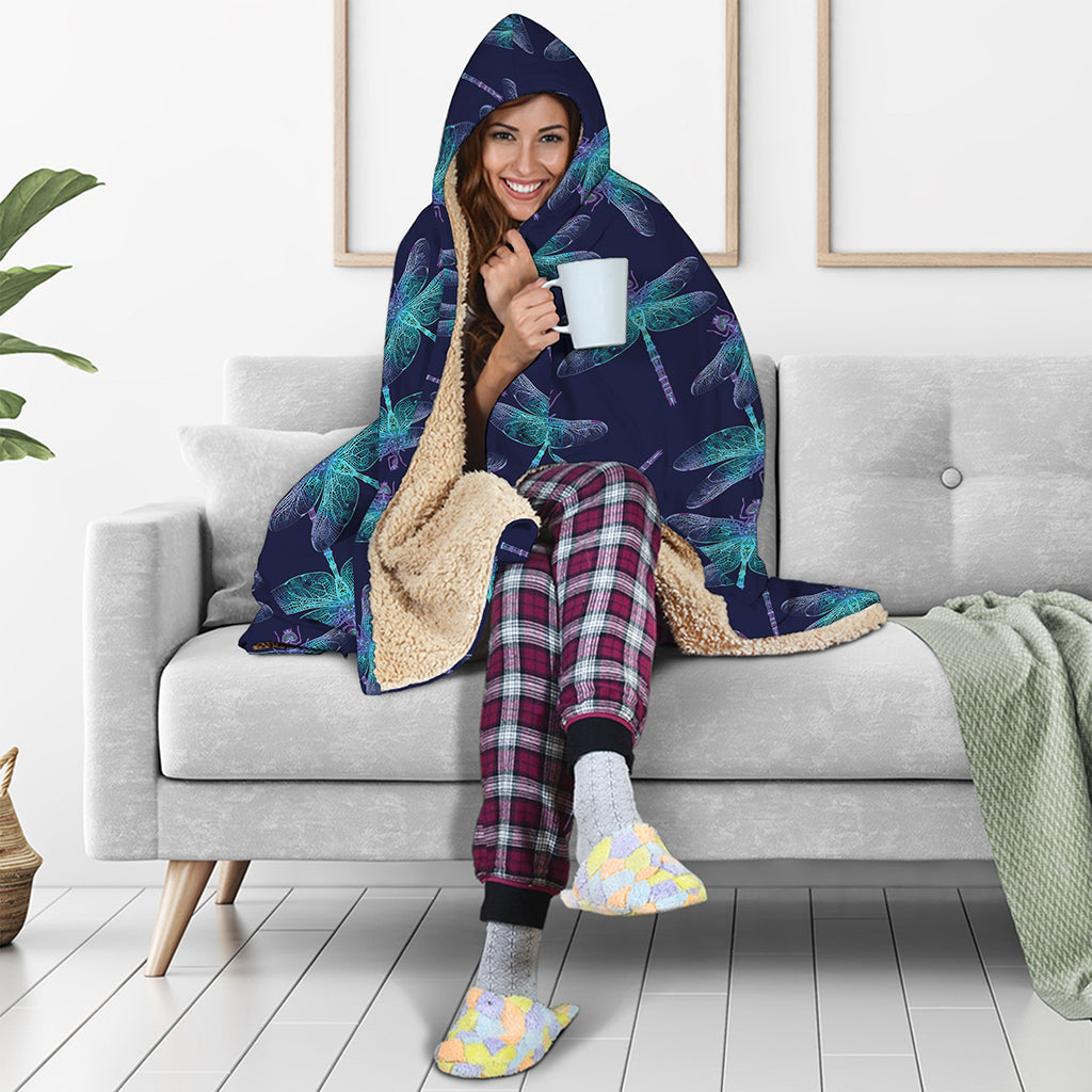 Teal And Purple Dragonfly Pattern Print Hooded Blanket