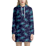 Teal And Purple Dragonfly Pattern Print Hoodie Dress