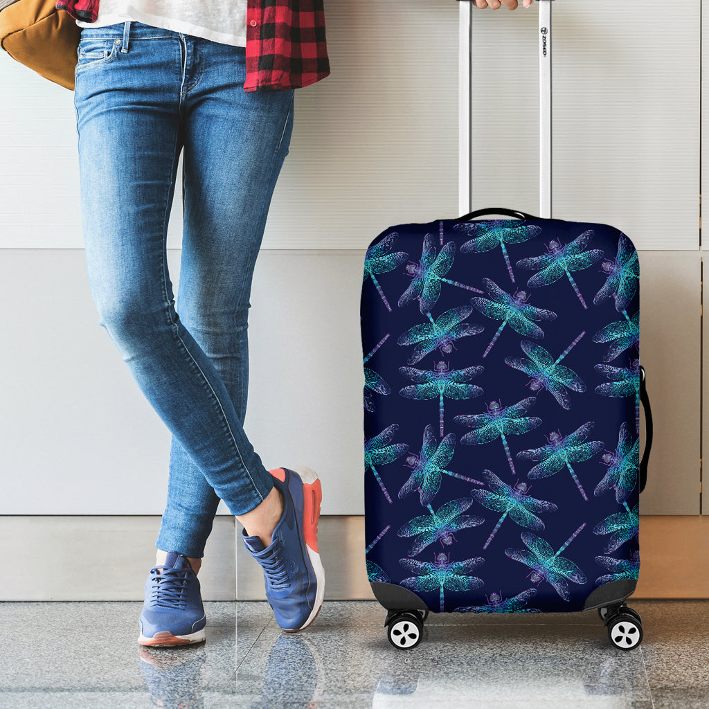 Teal And Purple Dragonfly Pattern Print Luggage Cover