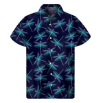 Teal And Purple Dragonfly Pattern Print Men's Short Sleeve Shirt