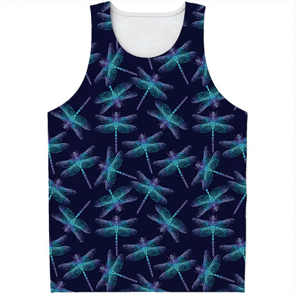 Teal And Purple Dragonfly Pattern Print Men's Tank Top