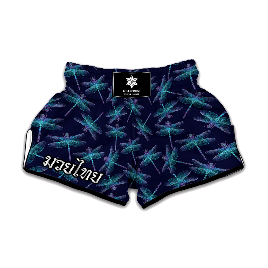 Teal And Purple Dragonfly Pattern Print Muay Thai Boxing Shorts