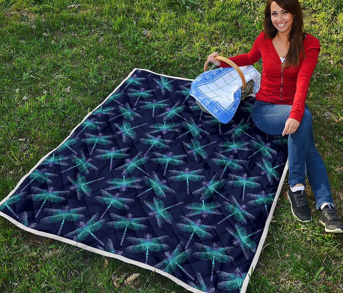 Teal And Purple Dragonfly Pattern Print Quilt