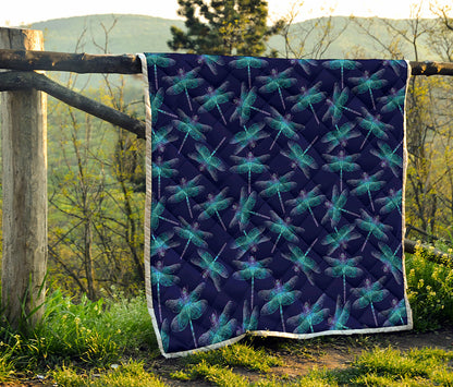 Teal And Purple Dragonfly Pattern Print Quilt