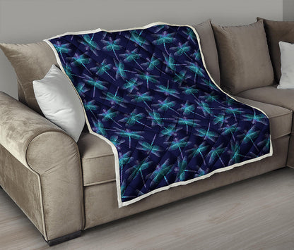 Teal And Purple Dragonfly Pattern Print Quilt