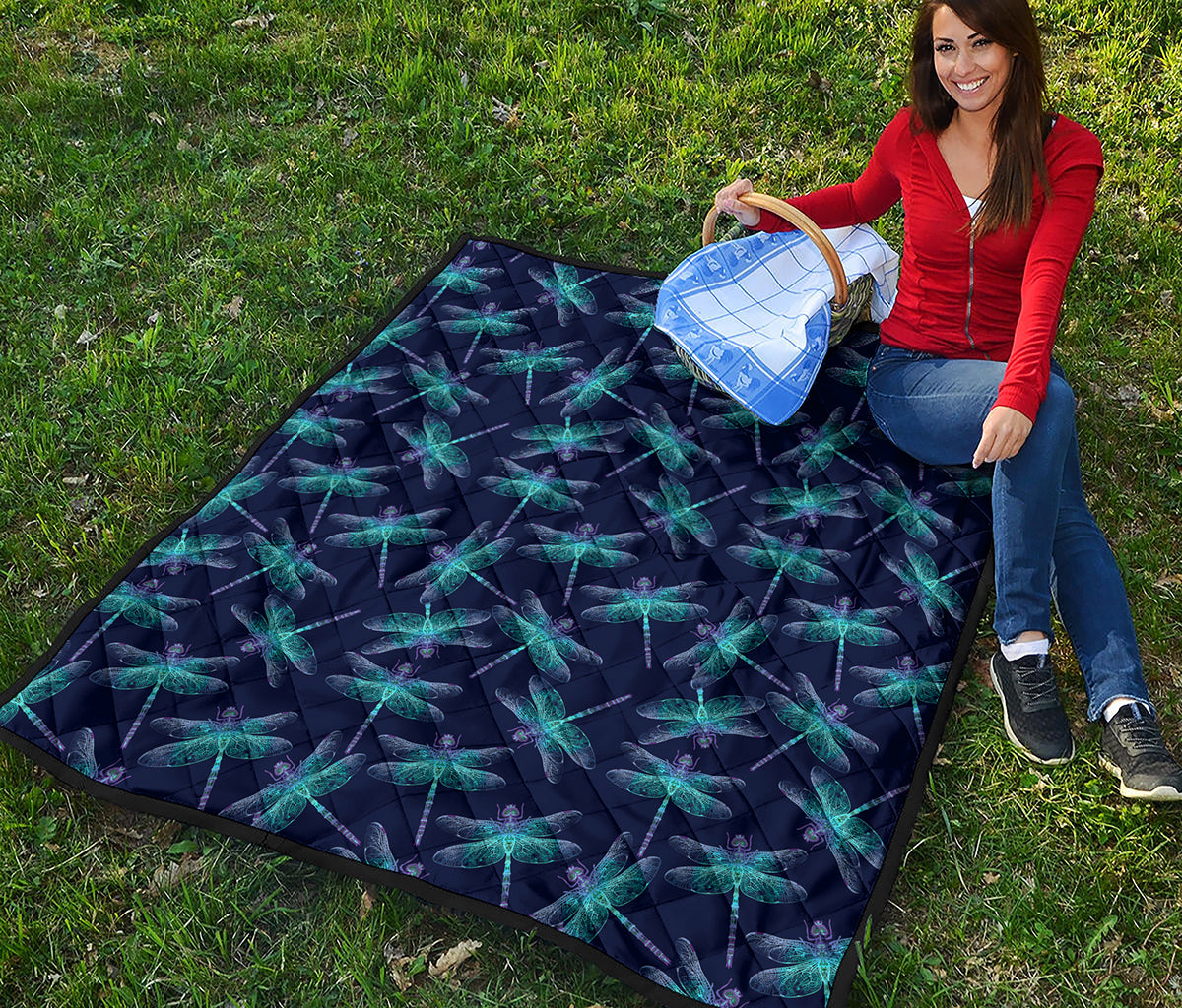Teal And Purple Dragonfly Pattern Print Quilt