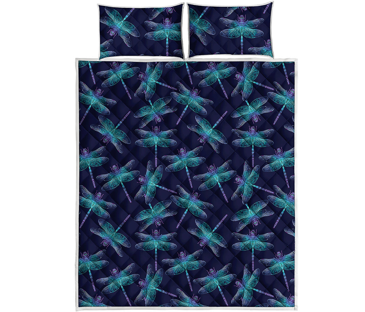 Teal And Purple Dragonfly Pattern Print Quilt Bed Set