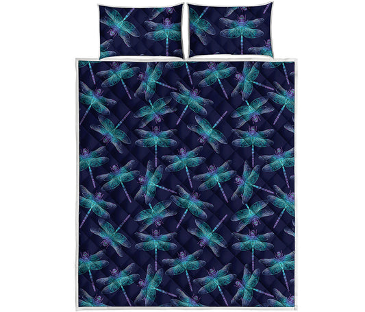 Teal And Purple Dragonfly Pattern Print Quilt Bed Set