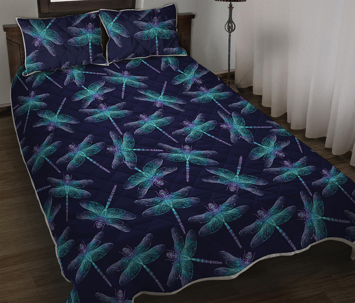 Teal And Purple Dragonfly Pattern Print Quilt Bed Set