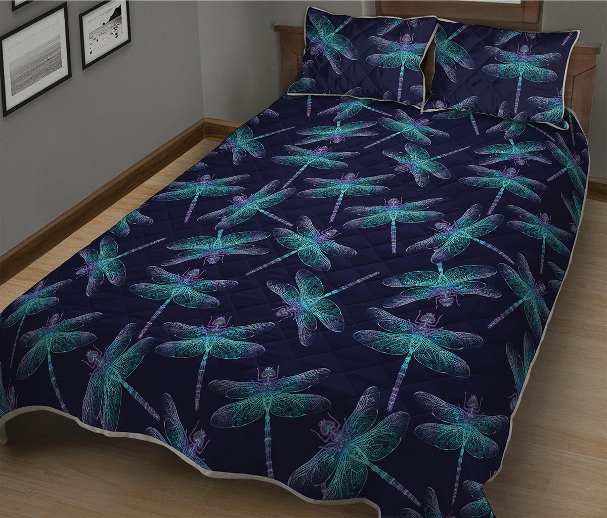 Teal And Purple Dragonfly Pattern Print Quilt Bed Set