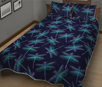 Teal And Purple Dragonfly Pattern Print Quilt Bed Set