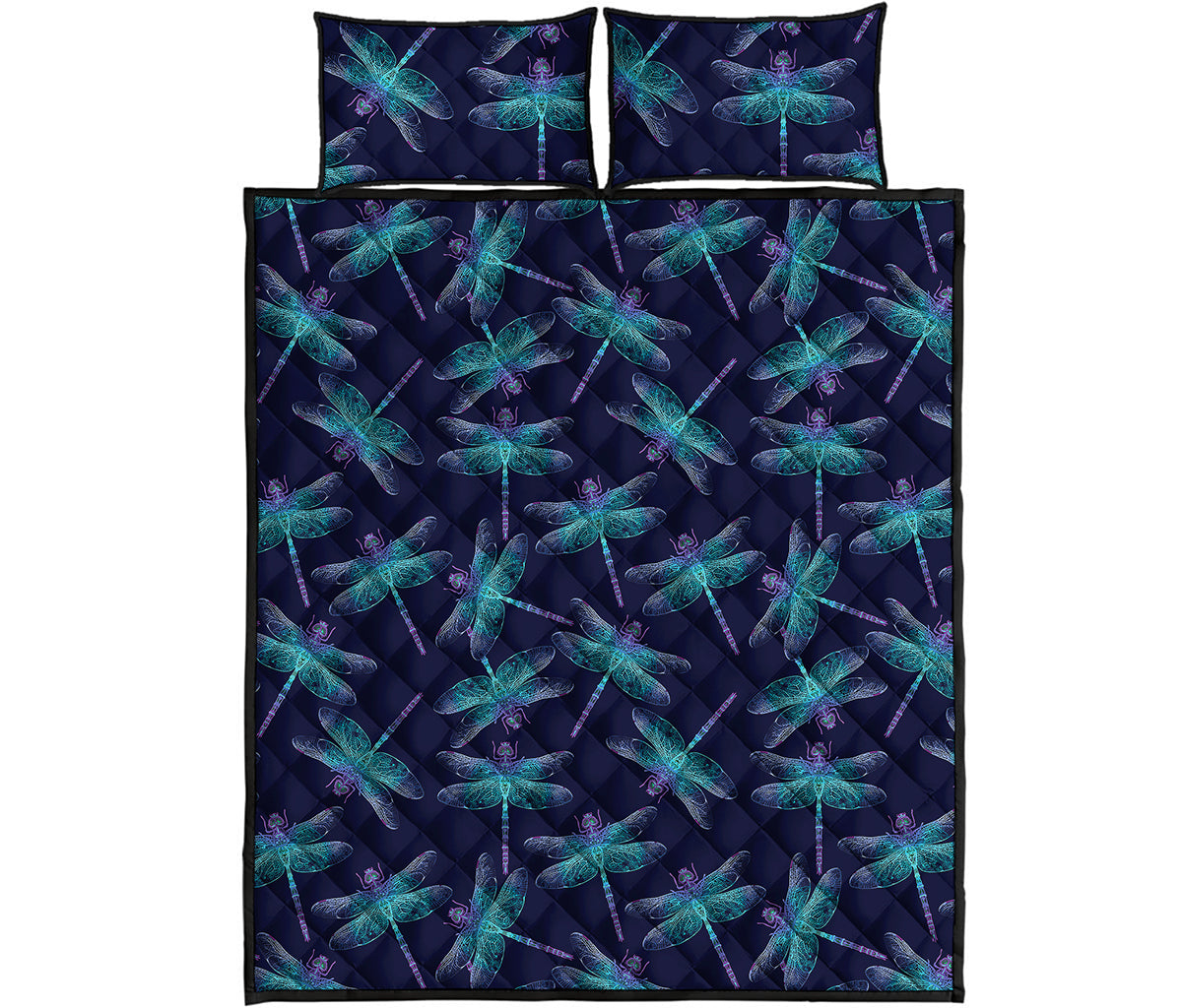 Teal And Purple Dragonfly Pattern Print Quilt Bed Set