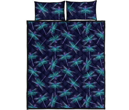 Teal And Purple Dragonfly Pattern Print Quilt Bed Set