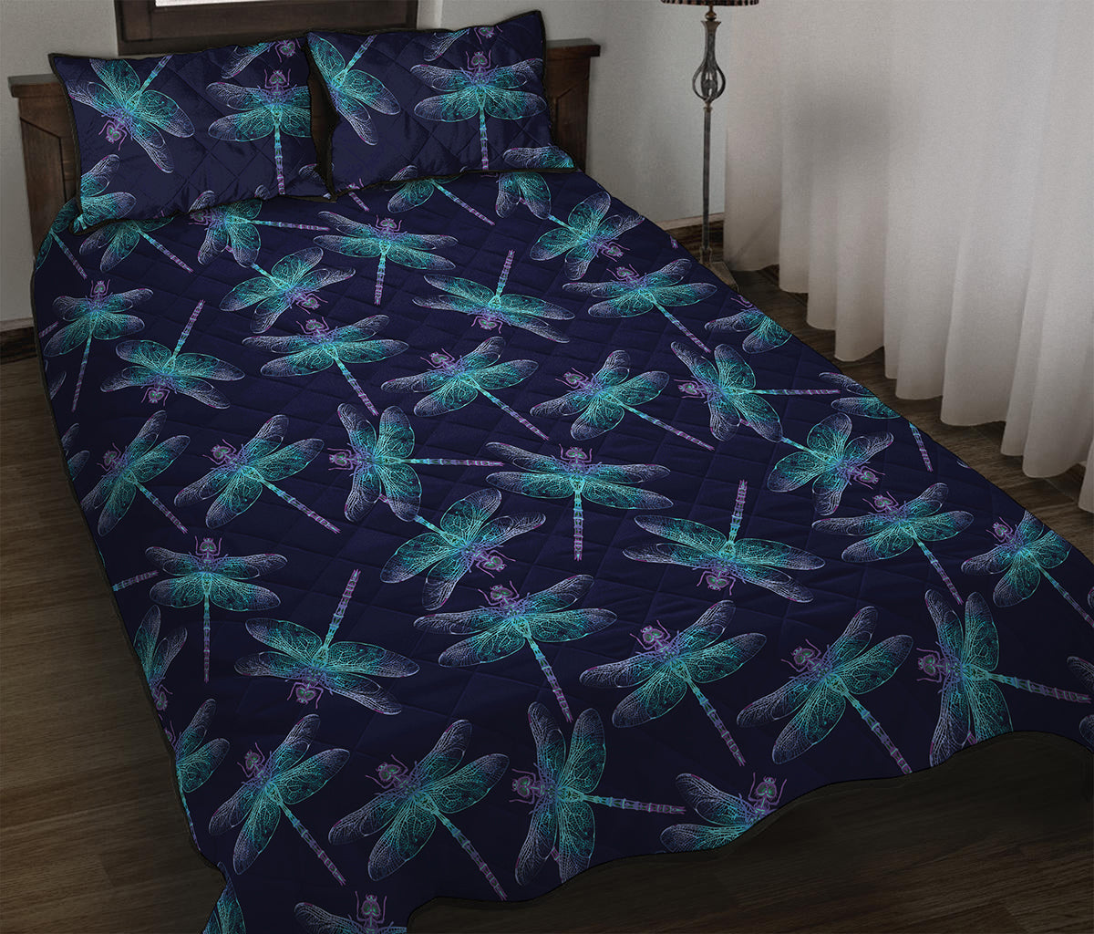 Teal And Purple Dragonfly Pattern Print Quilt Bed Set