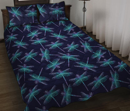 Teal And Purple Dragonfly Pattern Print Quilt Bed Set
