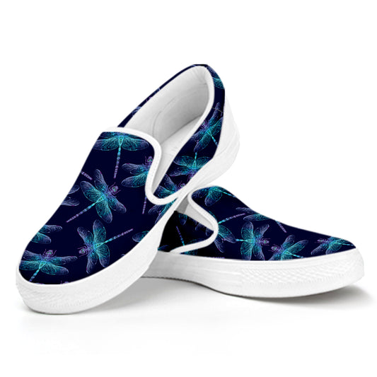 Teal And Purple Dragonfly Pattern Print White Slip On Shoes
