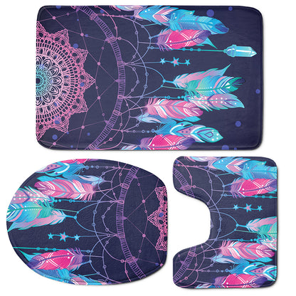 Teal And Purple Dream Catcher Print 3 Piece Bath Mat Set