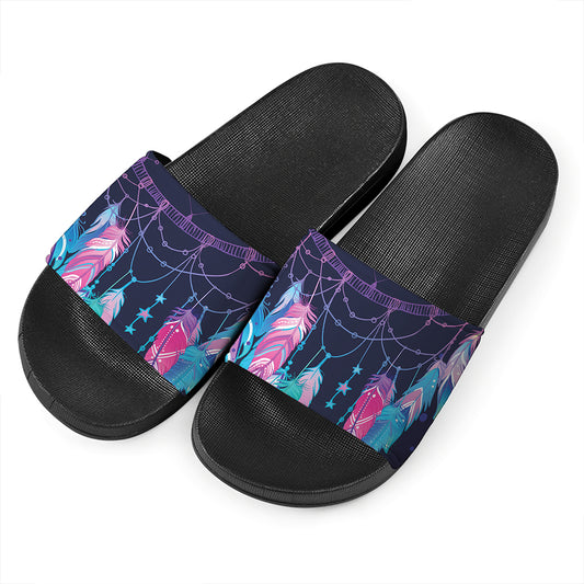 Teal And Purple Dream Catcher Print Black Slide Sandals