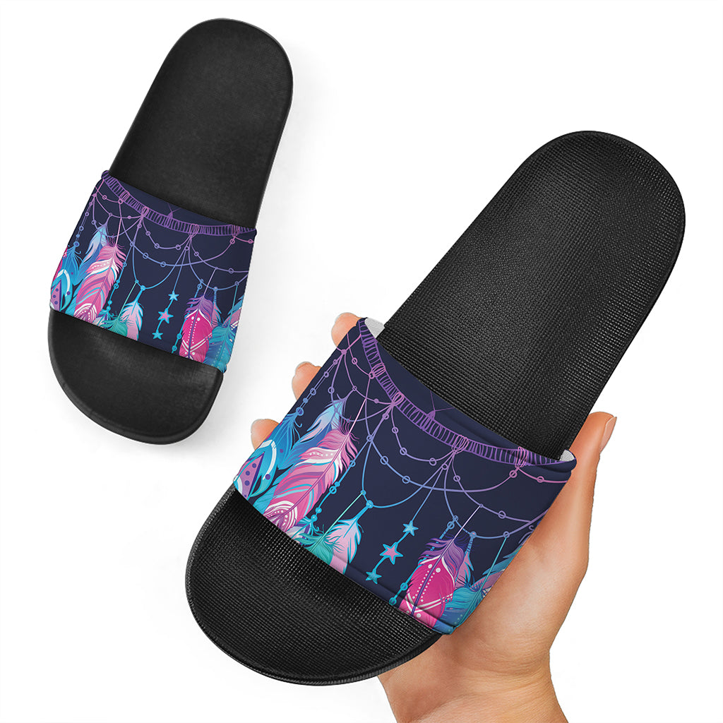 Teal And Purple Dream Catcher Print Black Slide Sandals