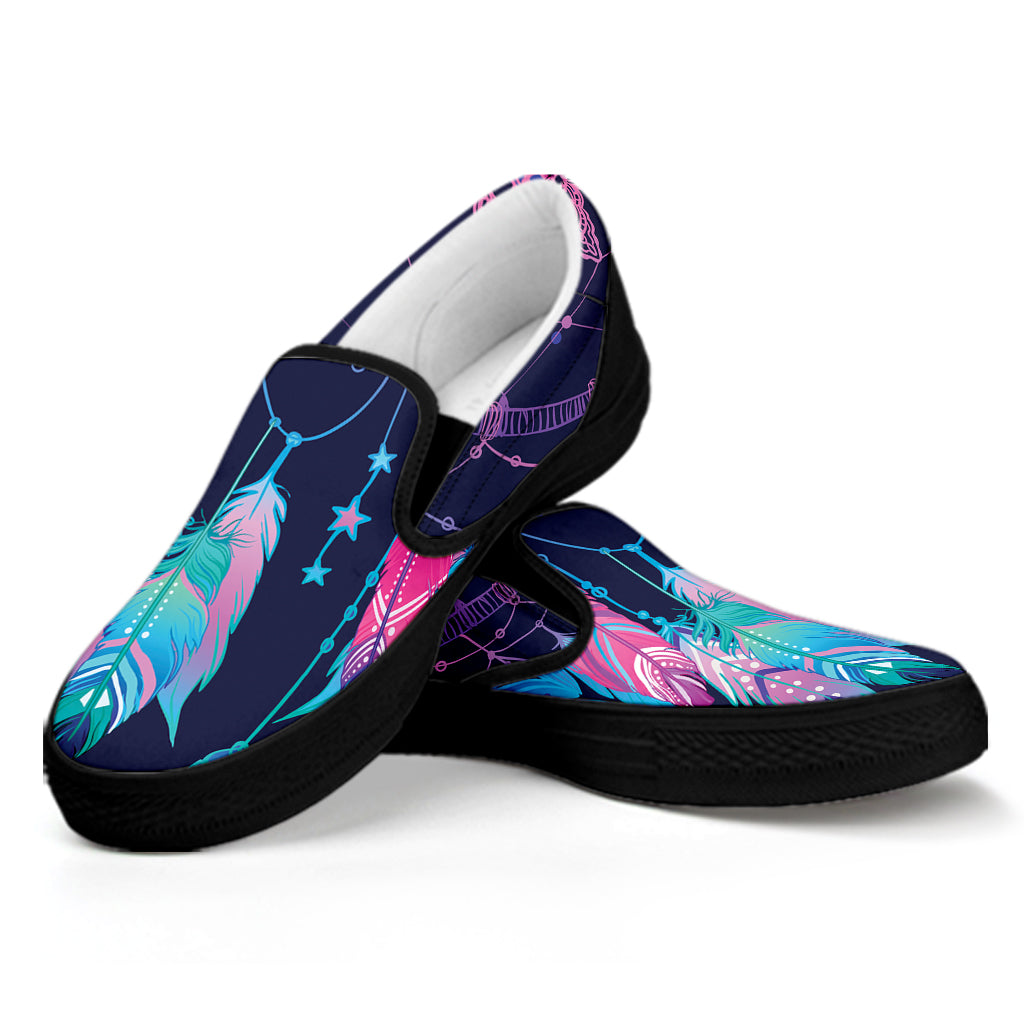 Teal And Purple Dream Catcher Print Black Slip On Shoes