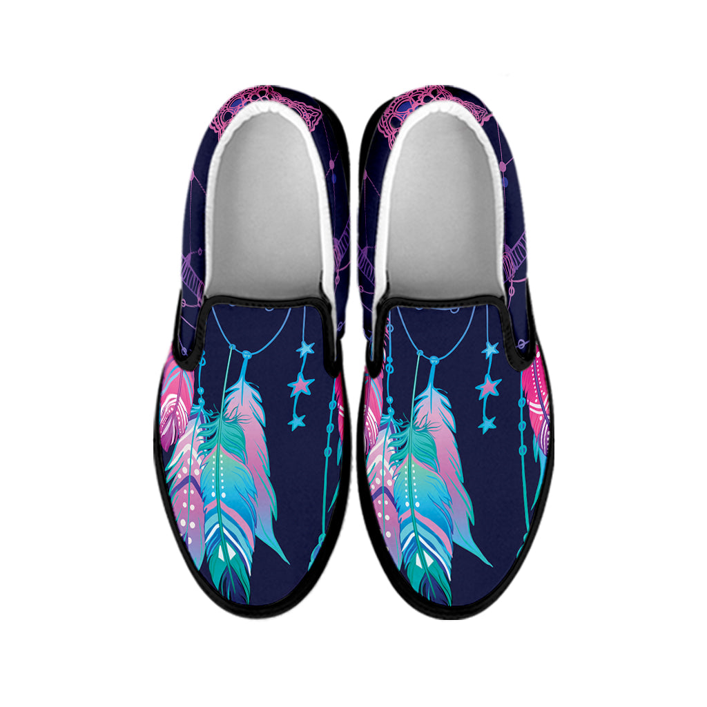 Teal And Purple Dream Catcher Print Black Slip On Shoes