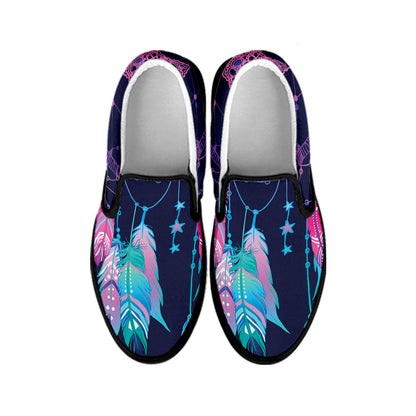 Teal And Purple Dream Catcher Print Black Slip On Shoes