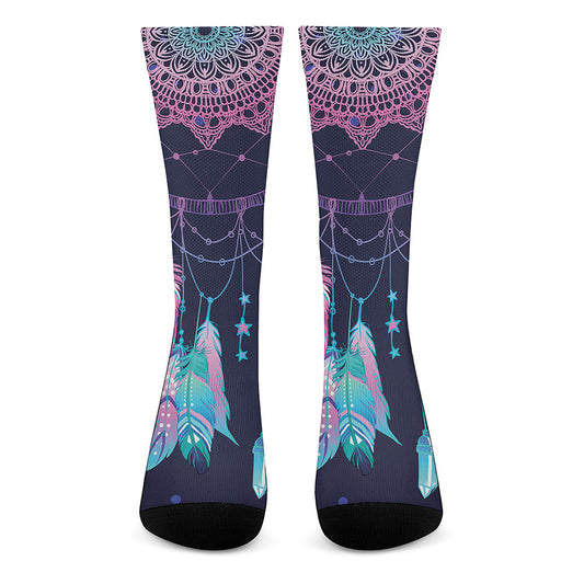 Teal And Purple Dream Catcher Print Crew Socks