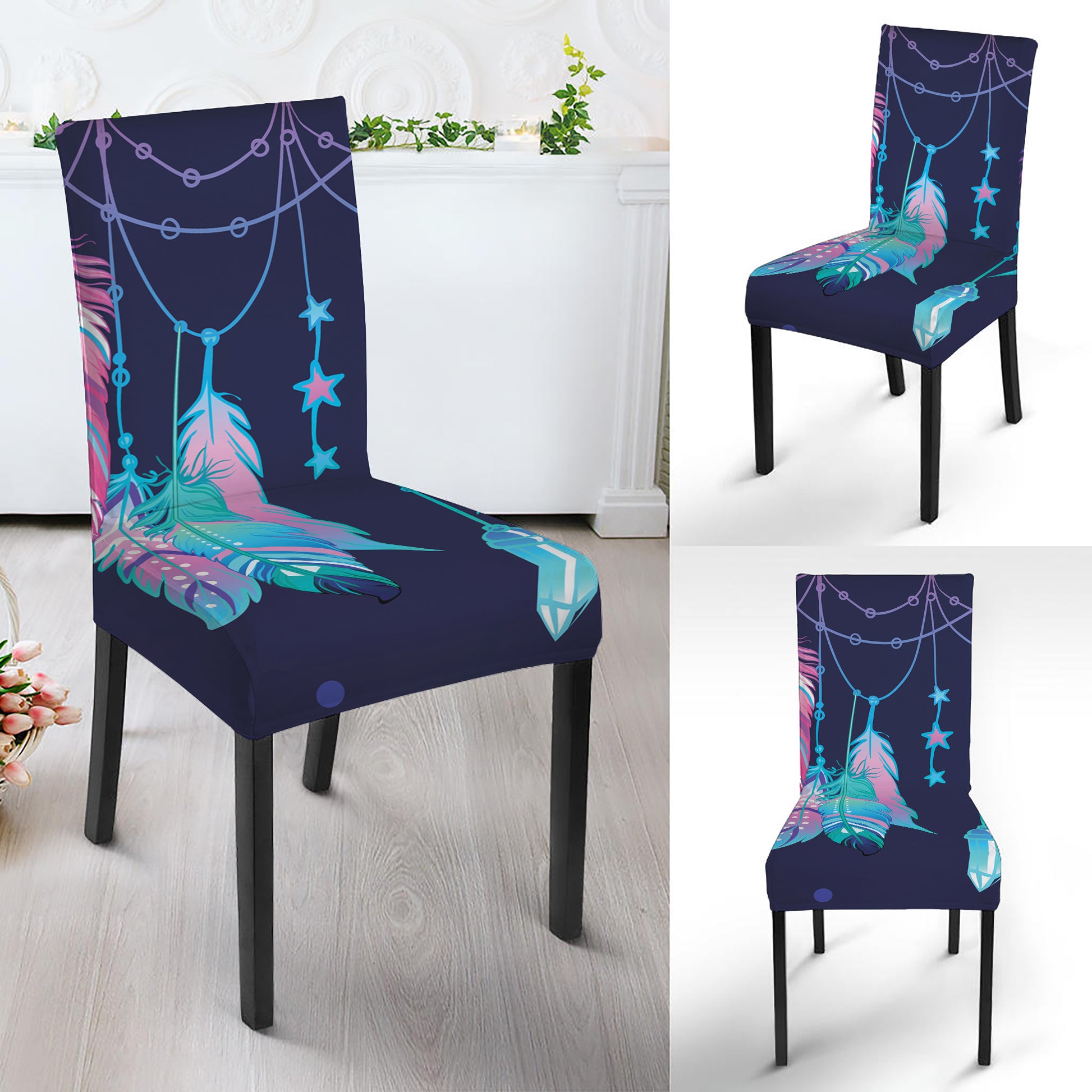 Teal And Purple Dream Catcher Print Dining Chair Slipcover