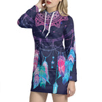 Teal And Purple Dream Catcher Print Pullover Hoodie Dress