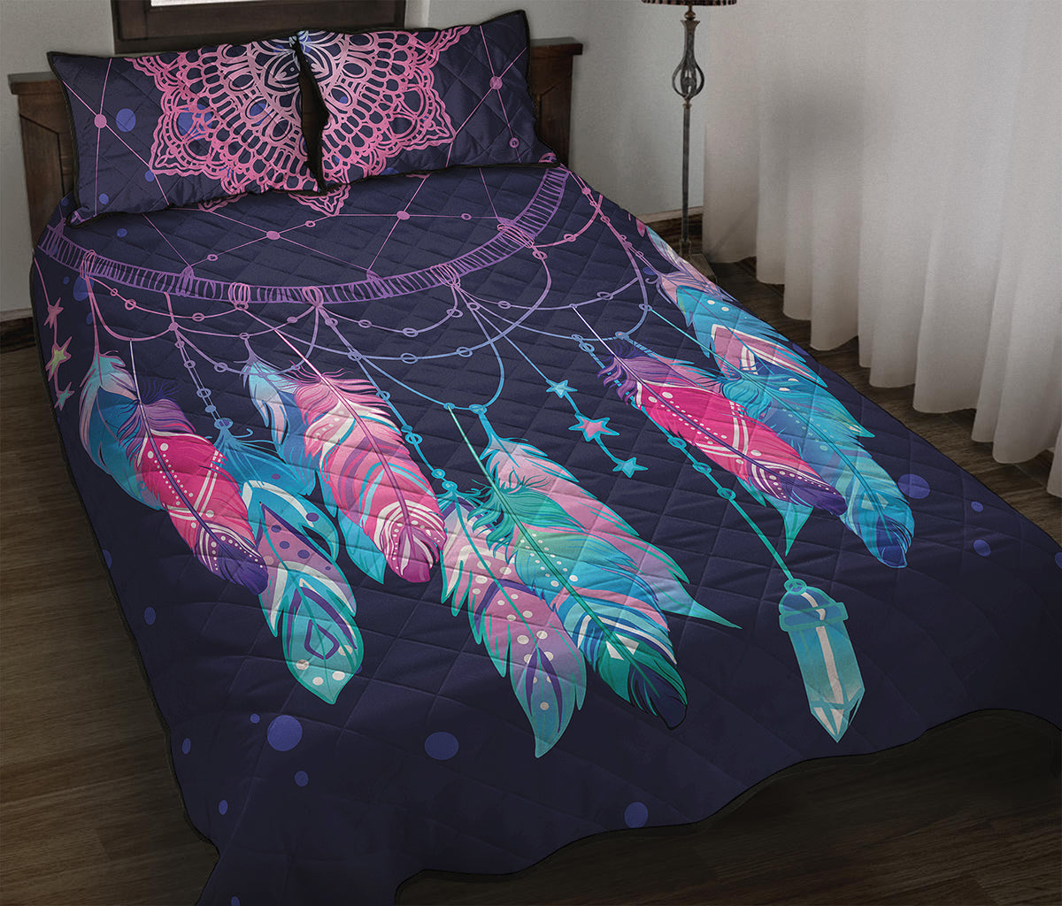 Teal And Purple Dream Catcher Print Quilt Bed Set