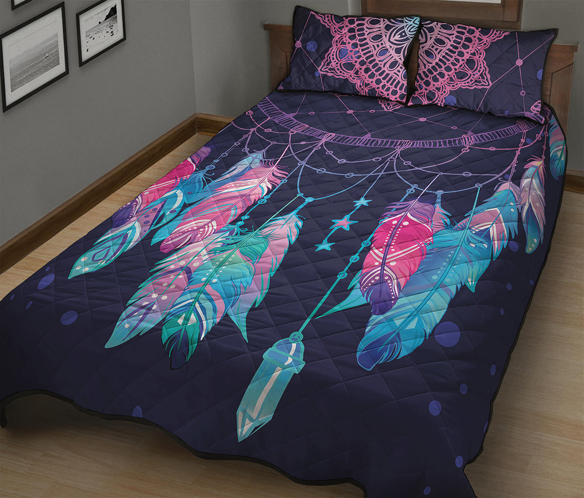 Teal And Purple Dream Catcher Print Quilt Bed Set